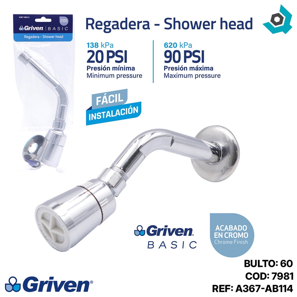 REGADERA PARA BANO 4.5CM ABS CROMADO GRIVEN