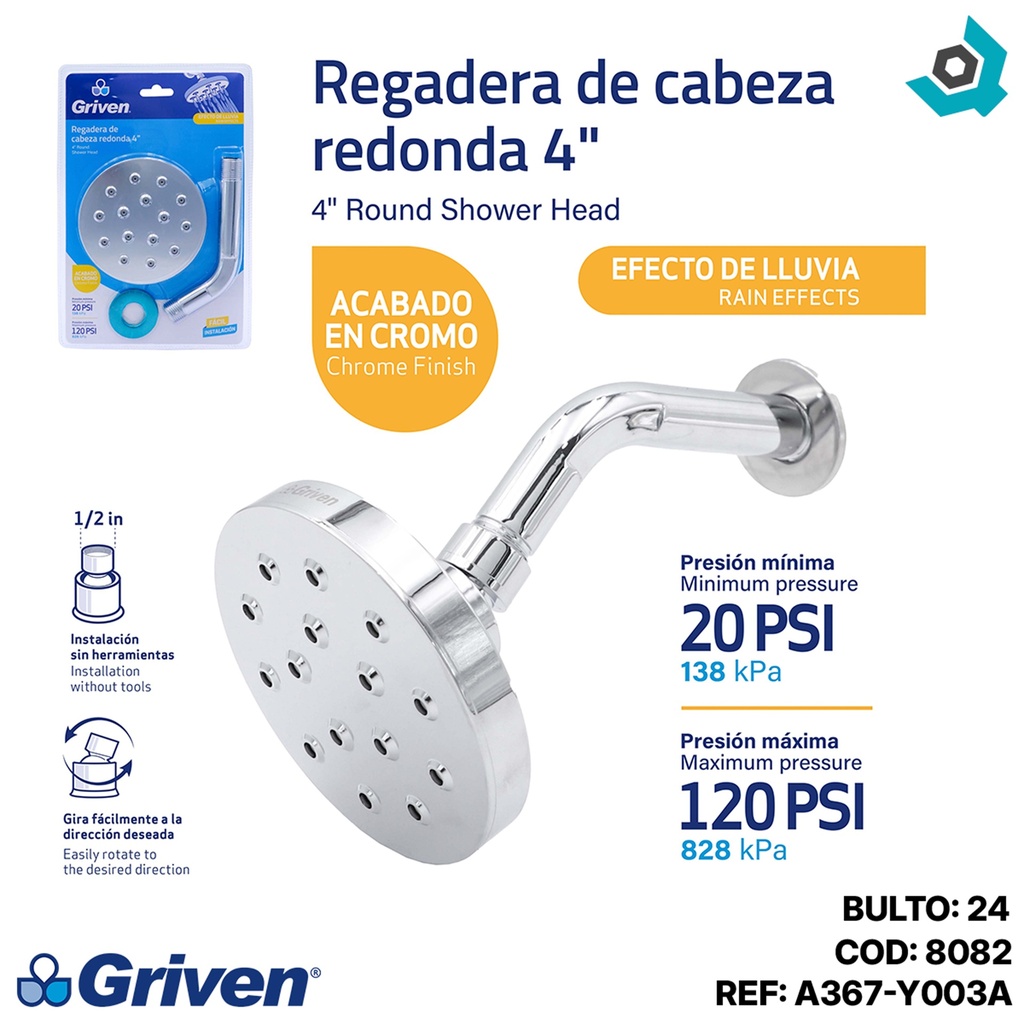 REGADERA PARA BANO 4" ABS CROMADO GRIVEN