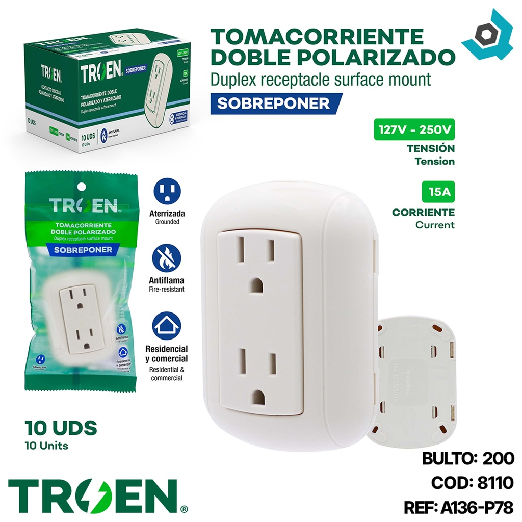TOMACORRIENTE SUPERFICIAL BLANCO CON TIERRA 2 VIAS TROEN