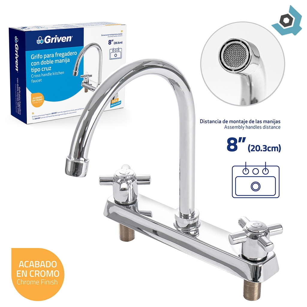 GRIFERIA PARA FREGADERO 8" MANIJA CRUZ GRIVEN