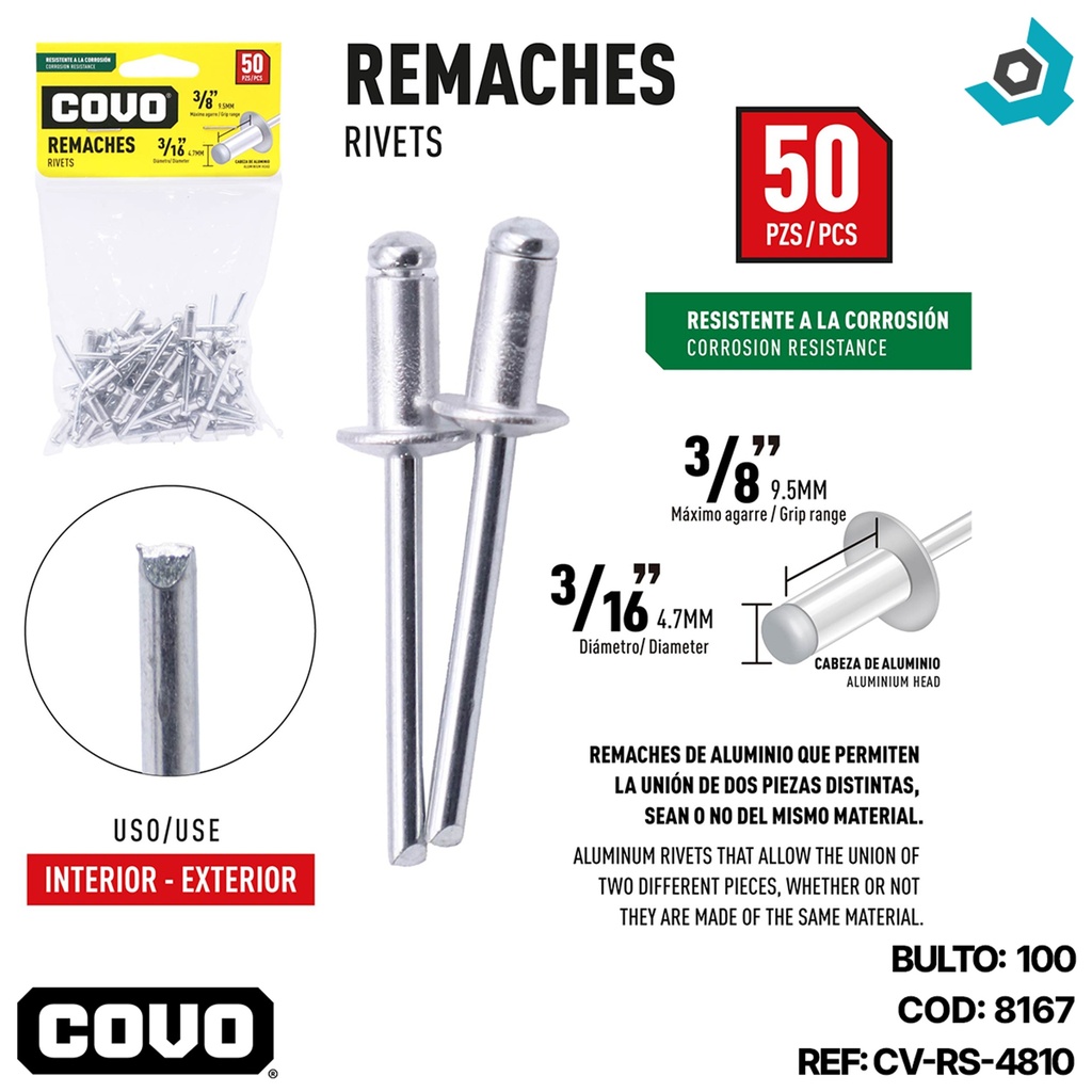 REMACHES 3/16" X 3/8" 50 PIEZAS COVO