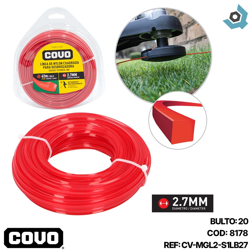NYLON CUADRADO PARA DESMALEZADORA 62MT X 2.7MM COVO