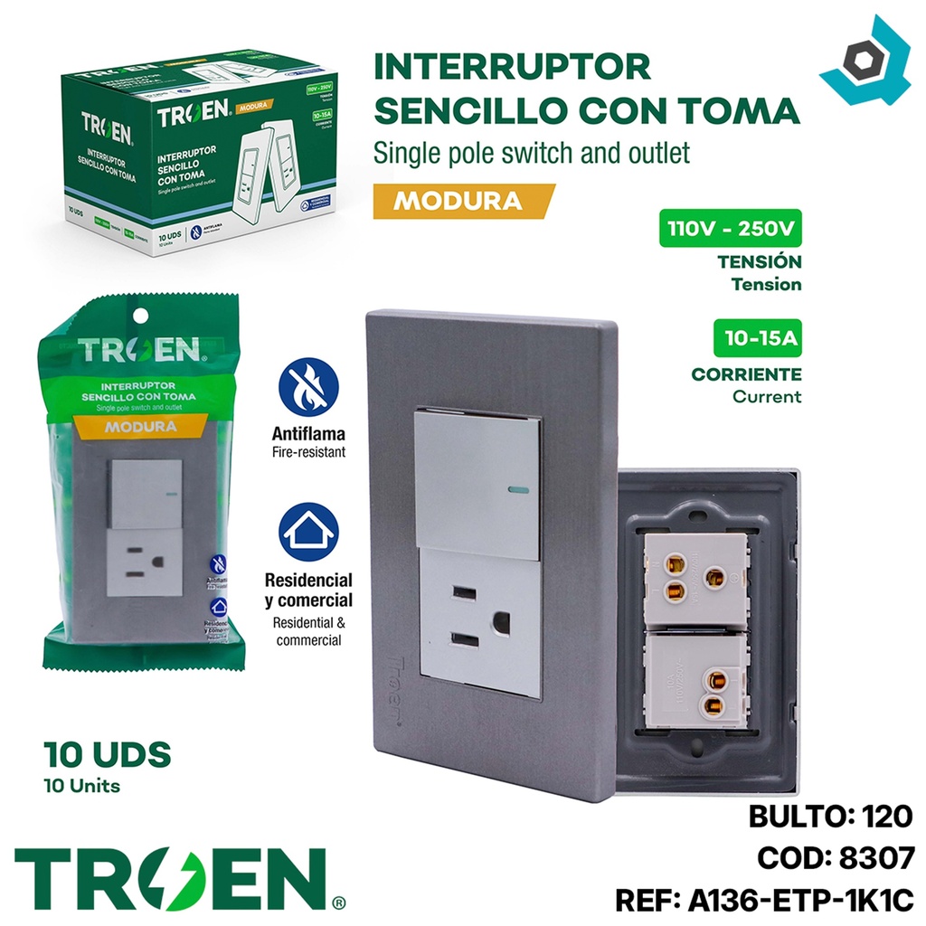 APAGADOR CON TOMA PLATEADO TROEN