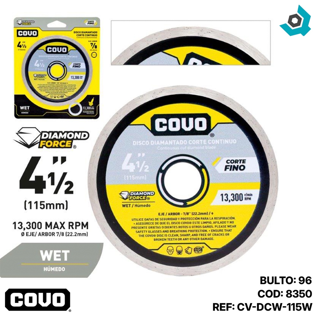 DISCO DIAMANTADO 4 1/2" X 7/8" CORTE CONTINUO COVO