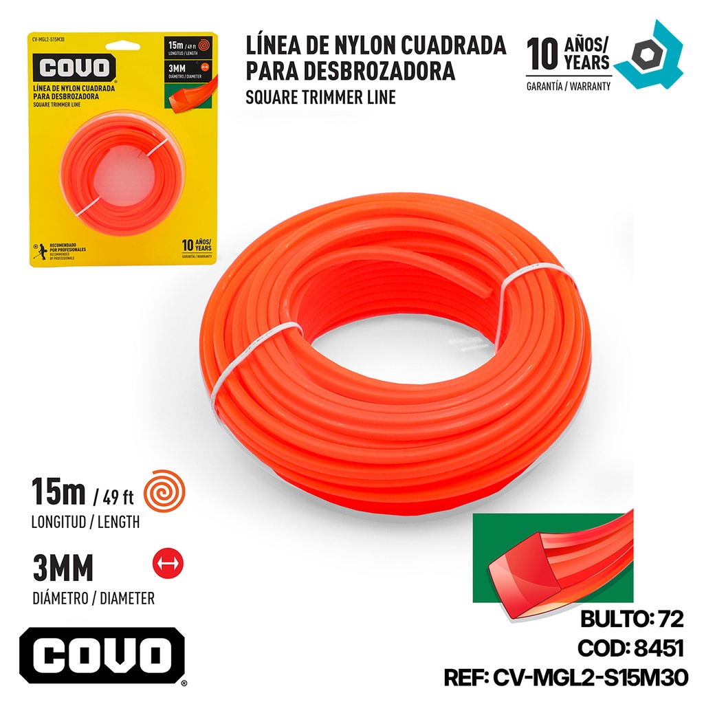 NYLON CUADRADO PARA DESMALEZADORA 15MT X 3MM COVO