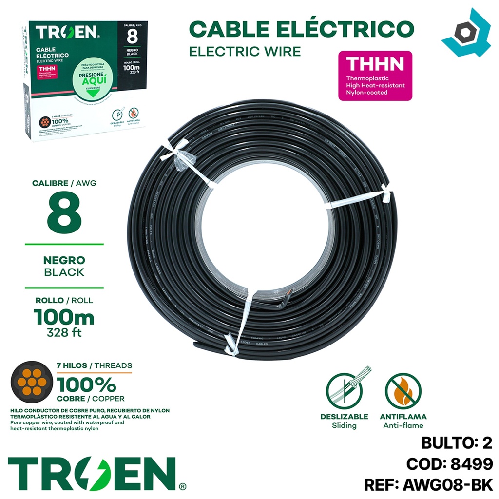CABLE ELECTRICO 8 AWG NEGRO 7 HILOS TROEN