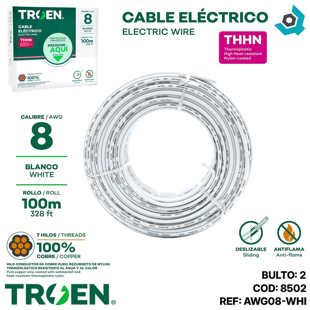 CABLE ELECTRICO 8 AWG BLANCO 7 HILOS TROEN