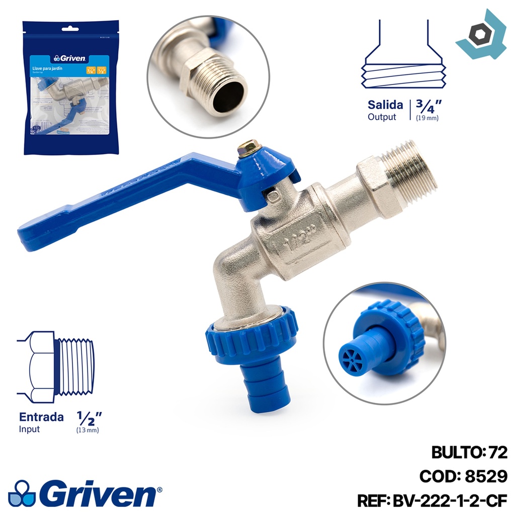 LLAVE DE CHORRO 1/2" CROMADA CON PICO GRIVEN