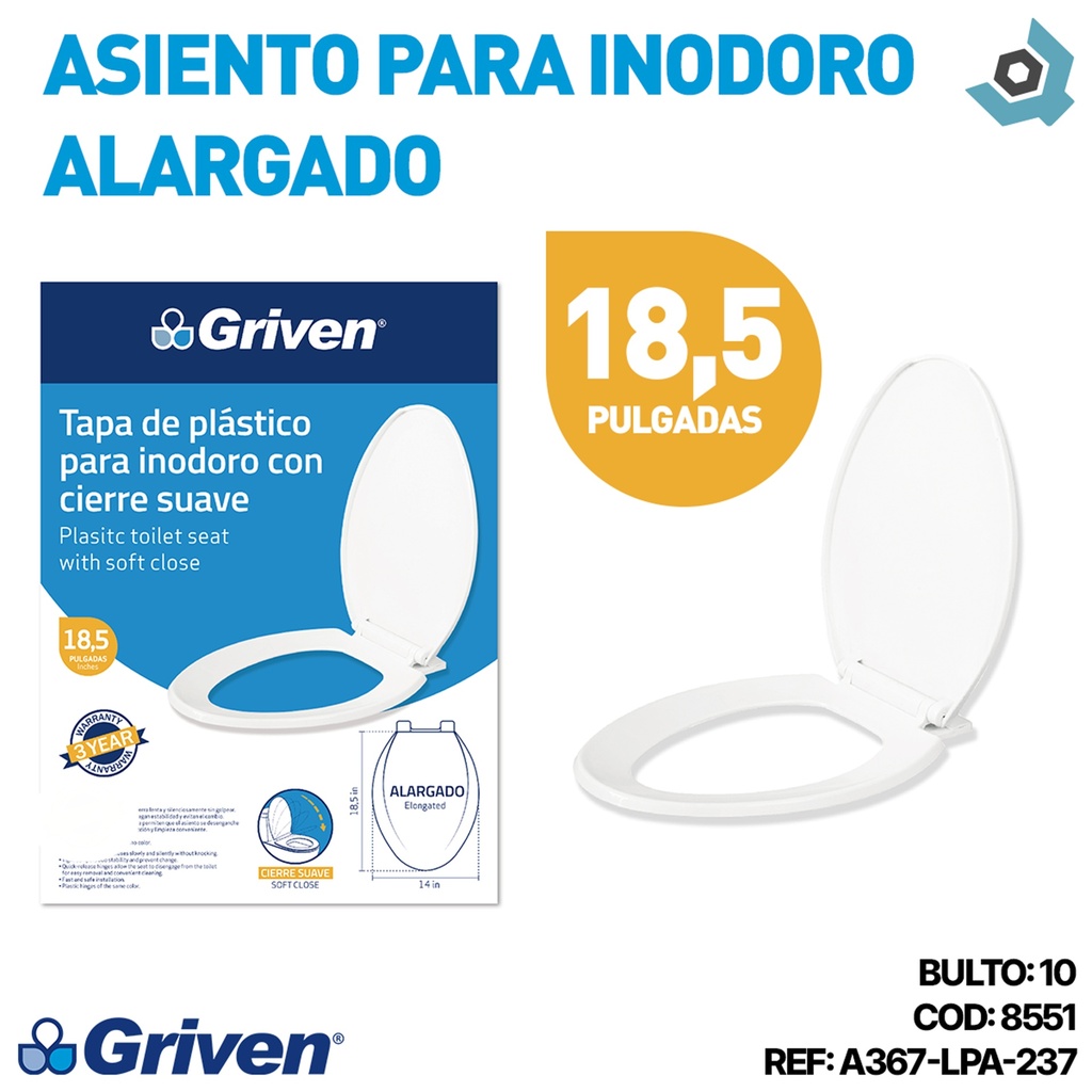 ASIENTO PARA INODORO 18.5" CIERRE SUAVE ALARGADO GRIVEN