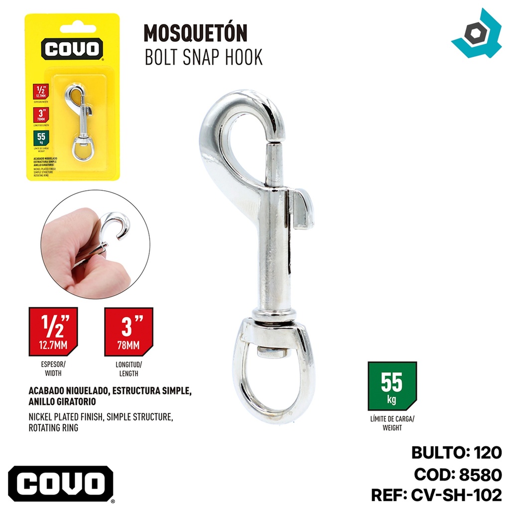 BANDOLA MOSQUETON 3" ANILLO GIRATORIO COVO