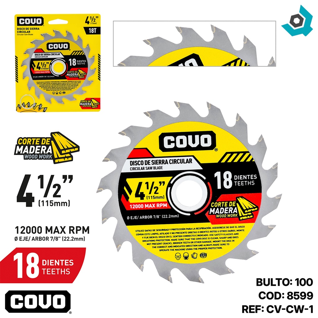 DISCO DE SIERRA 4.5" PARA MADERA COVO