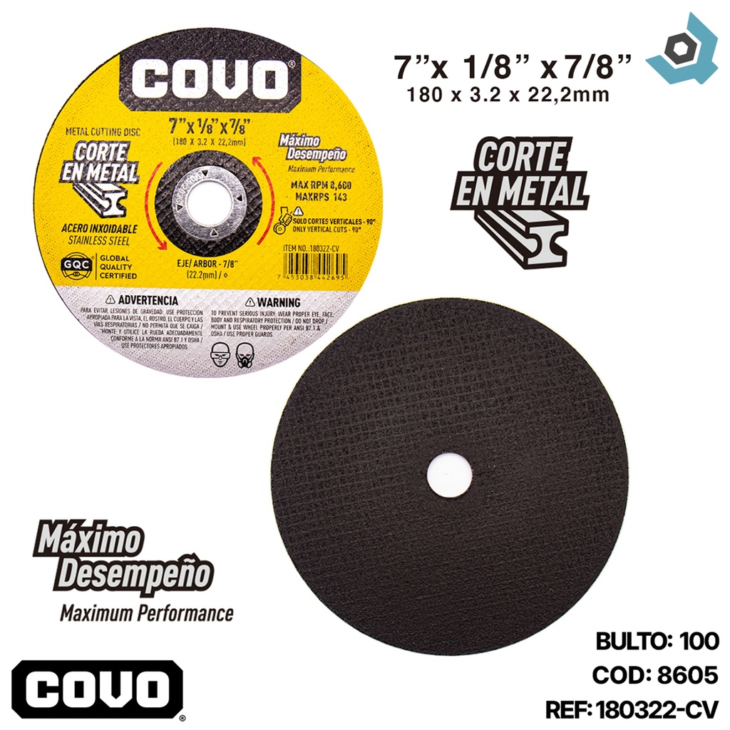 DISCO PARA CORTE 7" DE METAL COVO