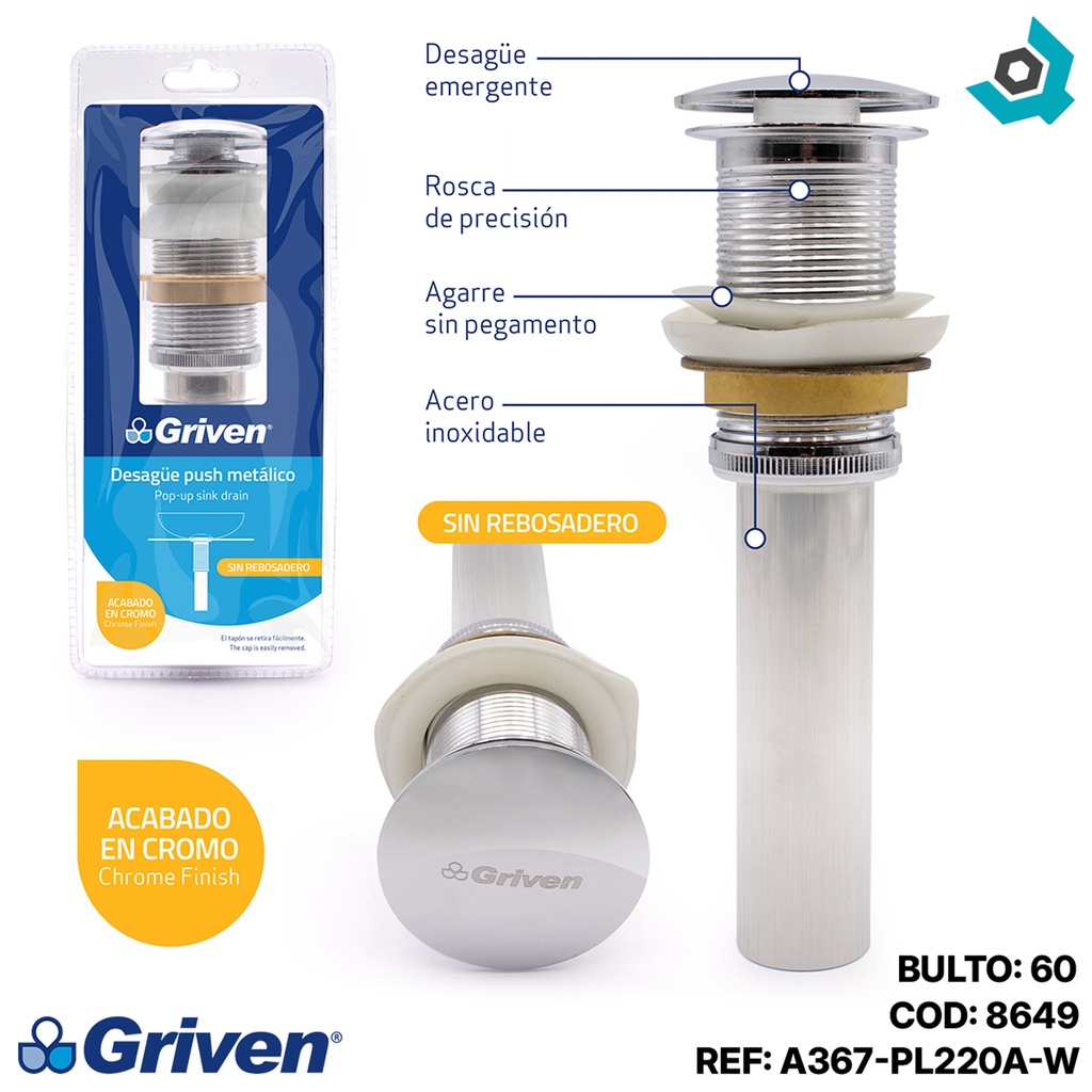 DESAGUE PARA LAVAMANOS 1 1/4" X 21CM PUSH GRANDE GRIVEN