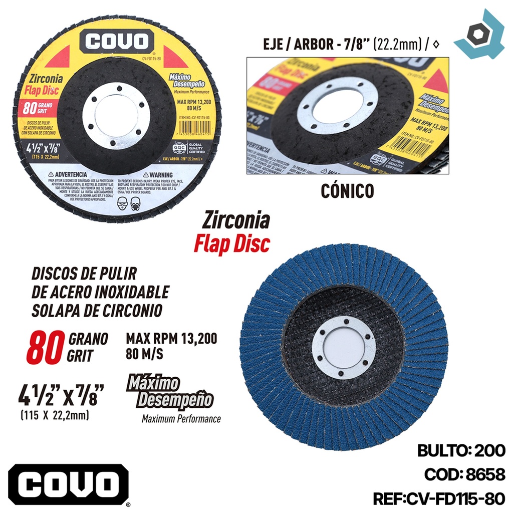 DISCO ABRASIVO 4 1/2" GRANO 80 PARA PULIR COVO