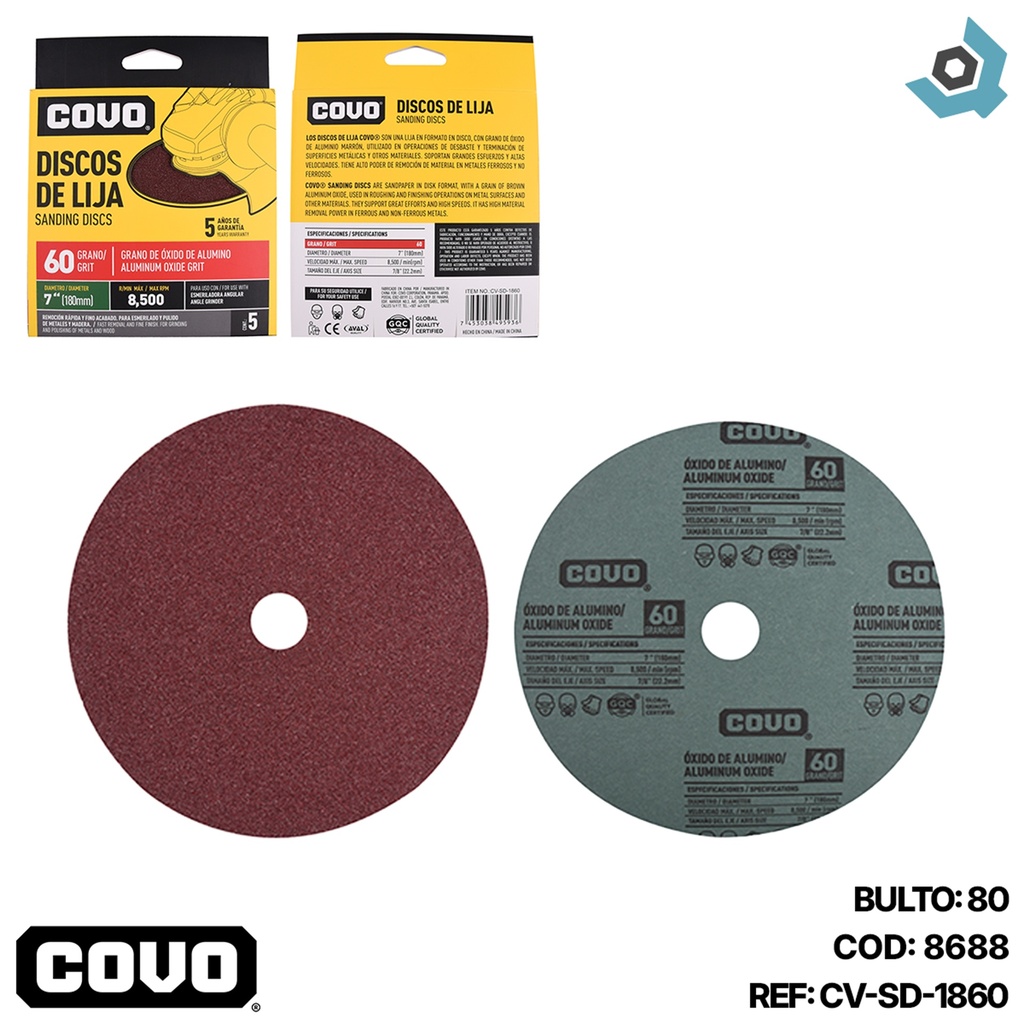 DISCO DE LIJA 7" X 7/8" GRANO 60 COVO