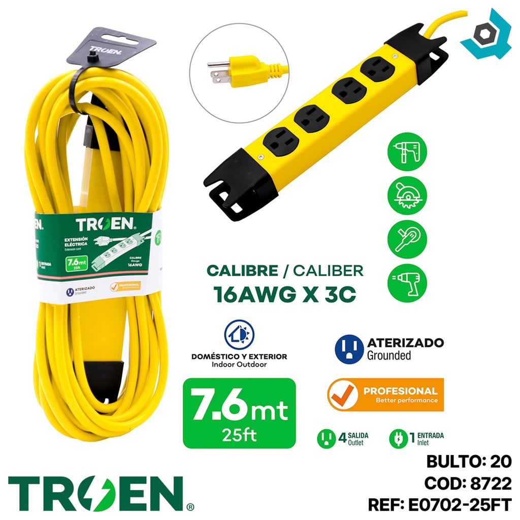 EXTENSION ELECTRICA 25FT 4 TOMAS TROEN