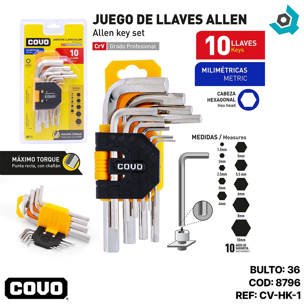 JUEGO DE LLAVES ALLEN 10 PIEZAS COVO