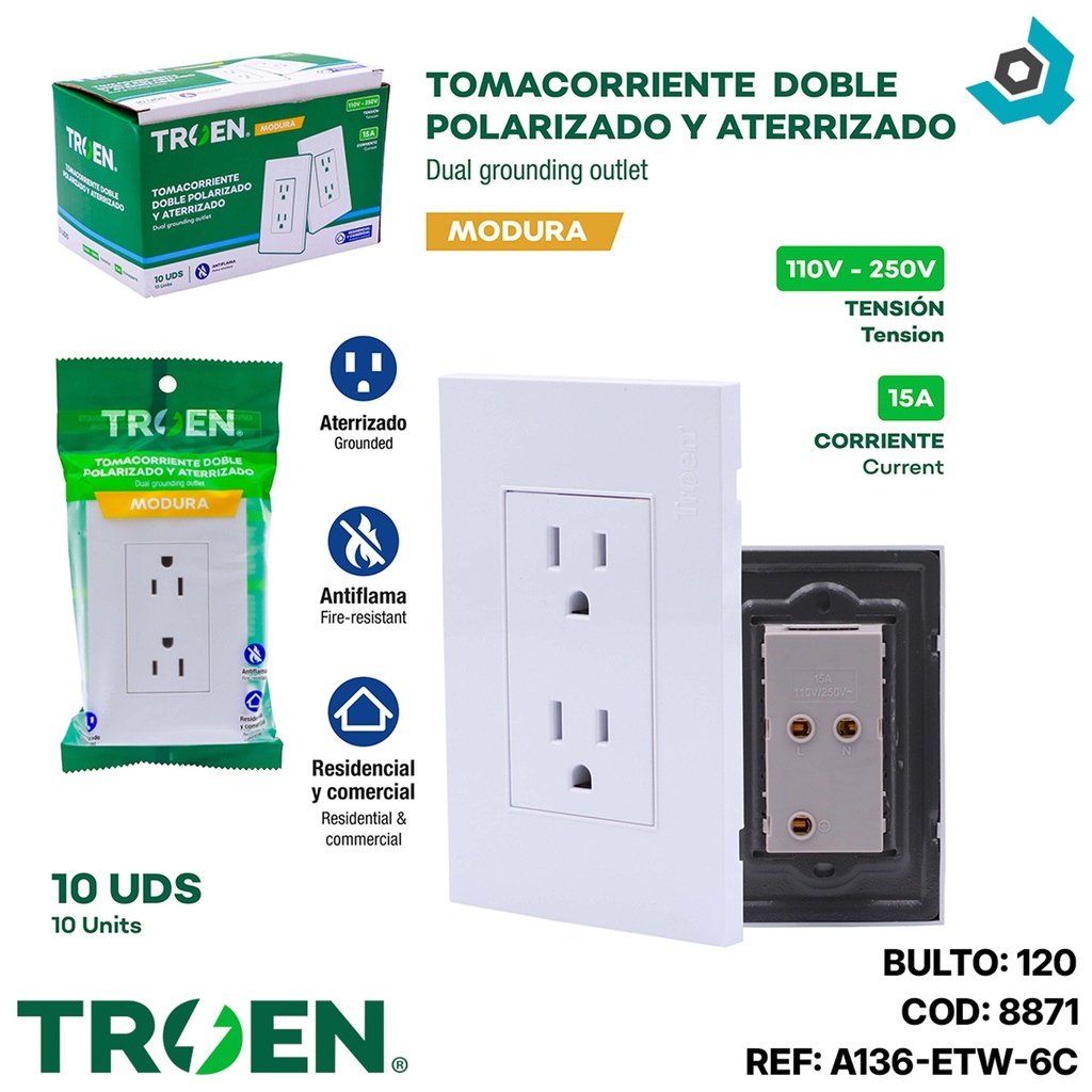 TOMACORRIENTE DOBLE BLANCO CON TIERRA TROEN