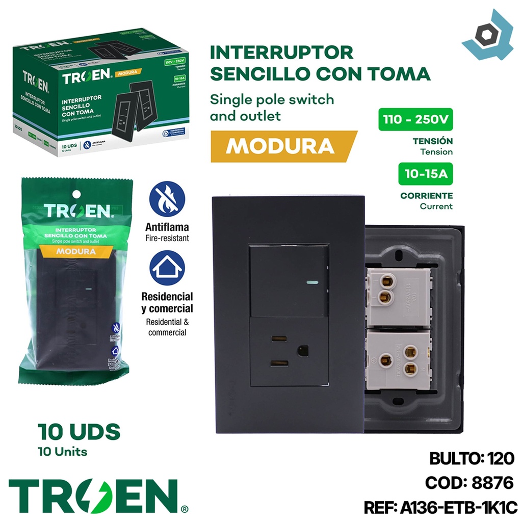 APAGADOR CON TOMA SENCILLO NEGRO TROEN