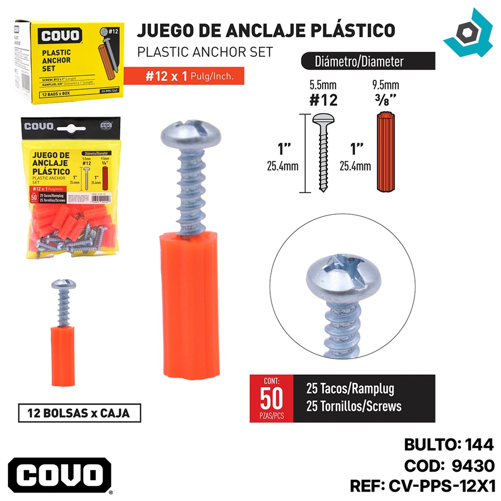 TORNILLOS CON RAMPLUG 12 X 1" 50 PIEZAS COVO