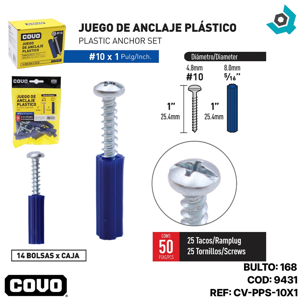 TORNILLOS CON RAMPLUG 10 X 1" 50 PIEZAS