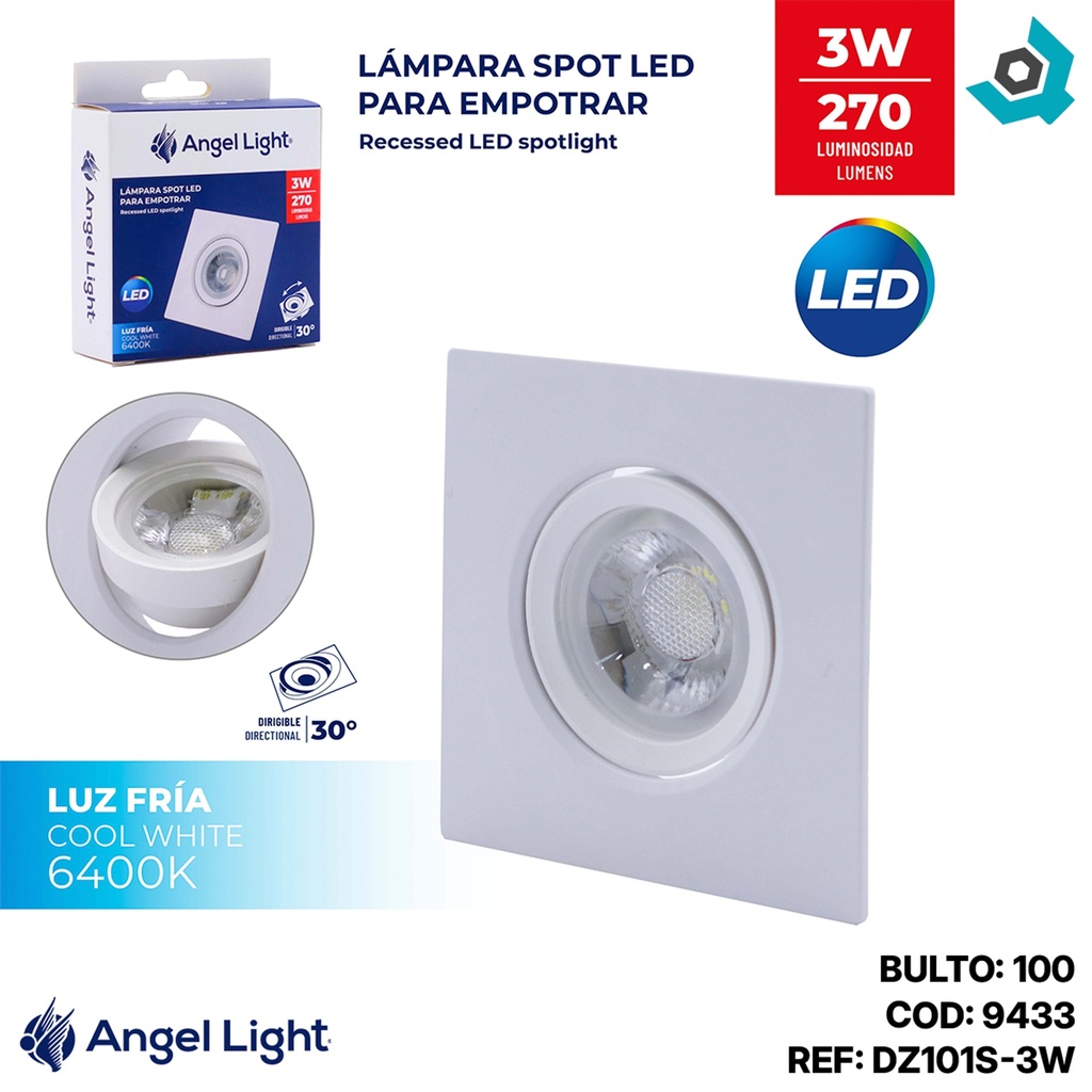 LAMPARA LED OJO DE BUEY 3W 3" CUADRADO LUZ BLANCA ANGEL LIGHT