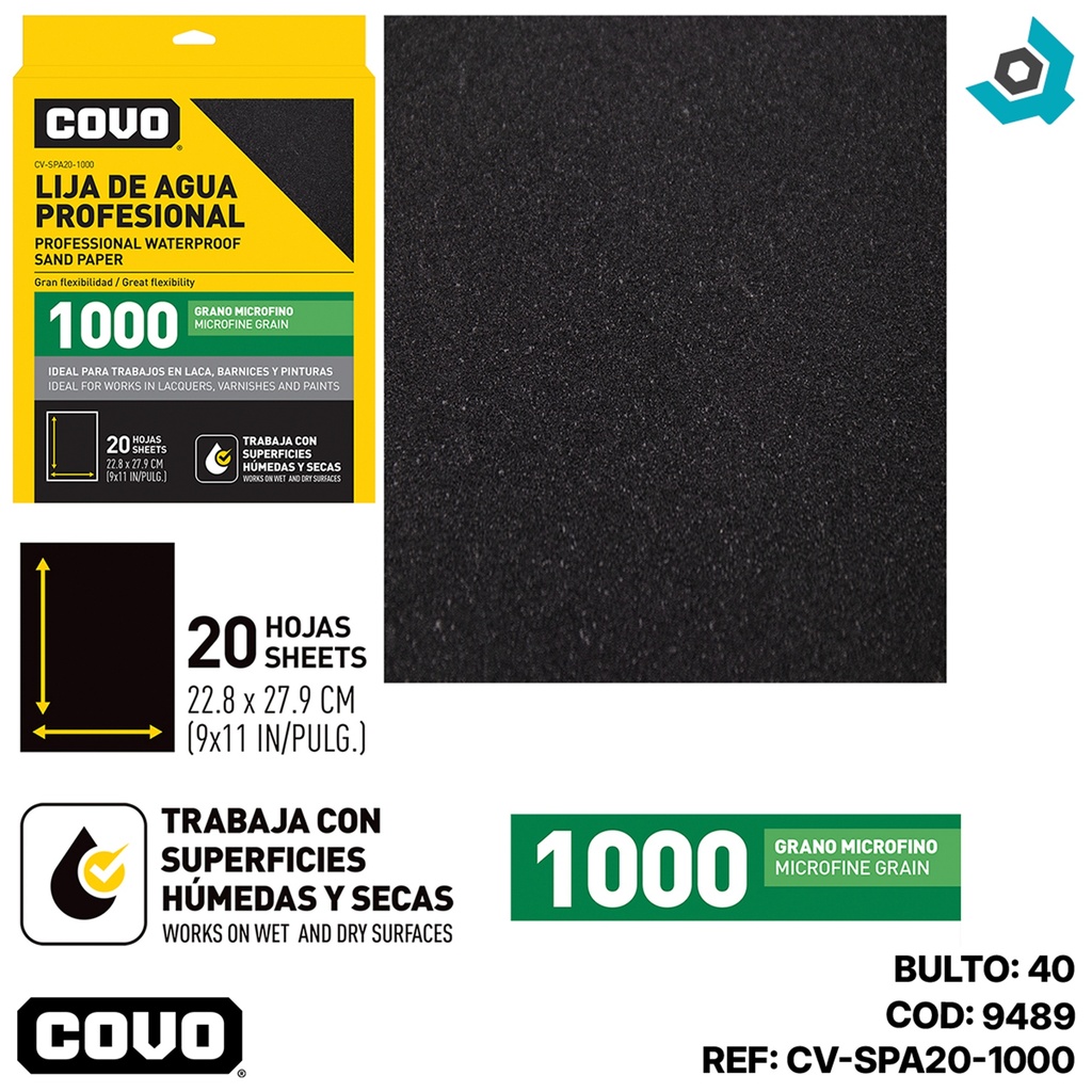 LIJA DE AGUA 9" X 11" GRANO 1000 MICROFINO COVO