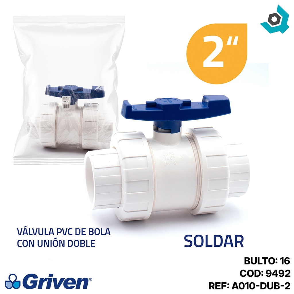 VALVULA 2" DE PVC SIN ROSCA UNION DOBLE GRIVEN