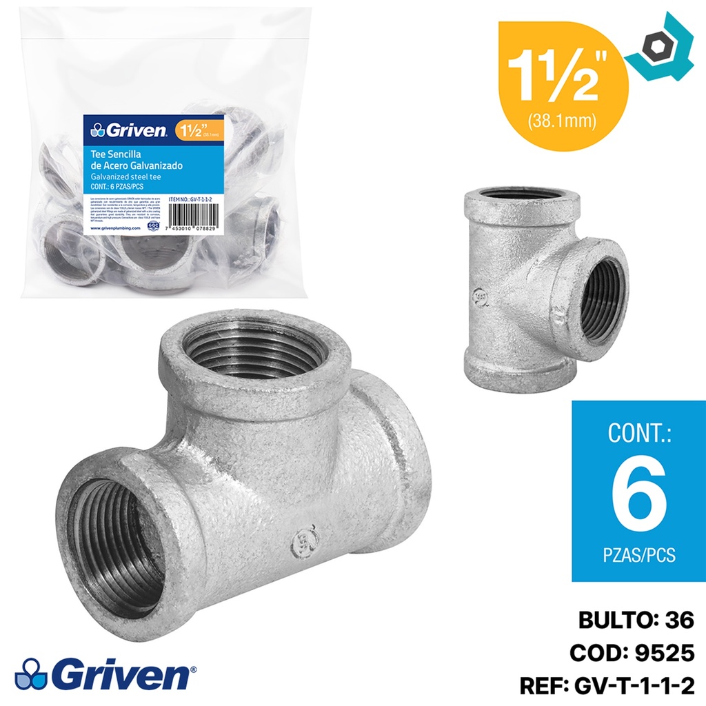 TEE 1 1/2" DE ACERO GALVANIZADO SENCILLA HR GRIVEN