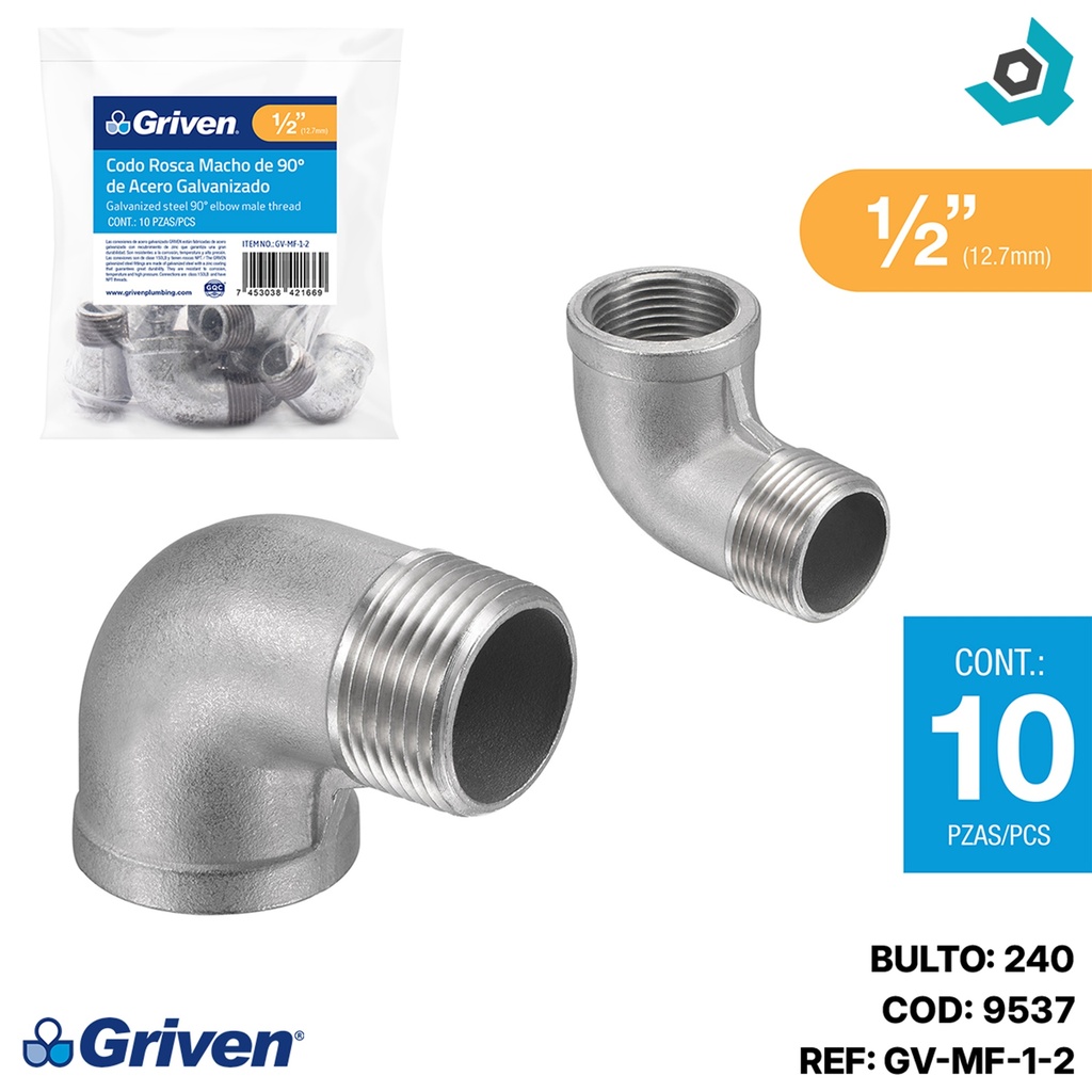 CODO 90GRADOS 1/2" DE ACERO GALVANIZADO MR GRIVEN