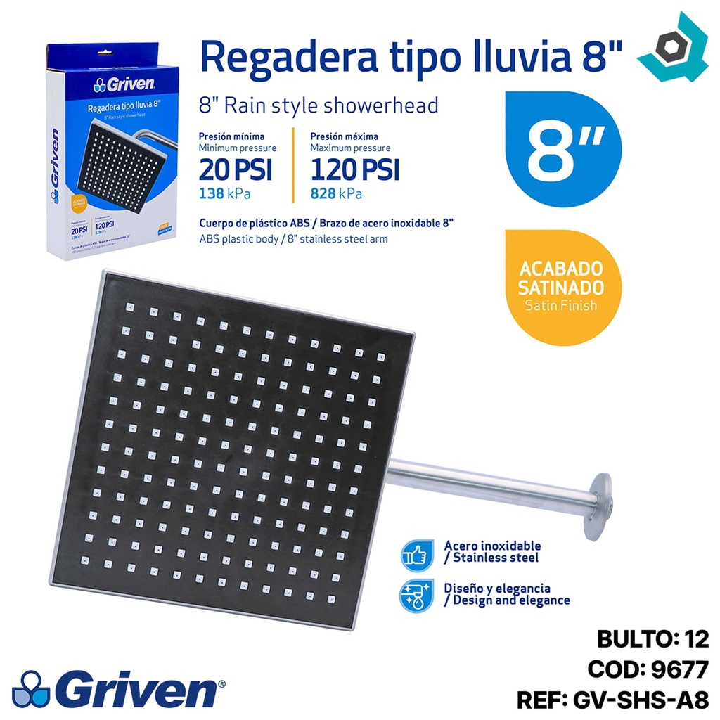 REGADERA PARA BANO 8" CUADRADA SATINADA GRIVEN