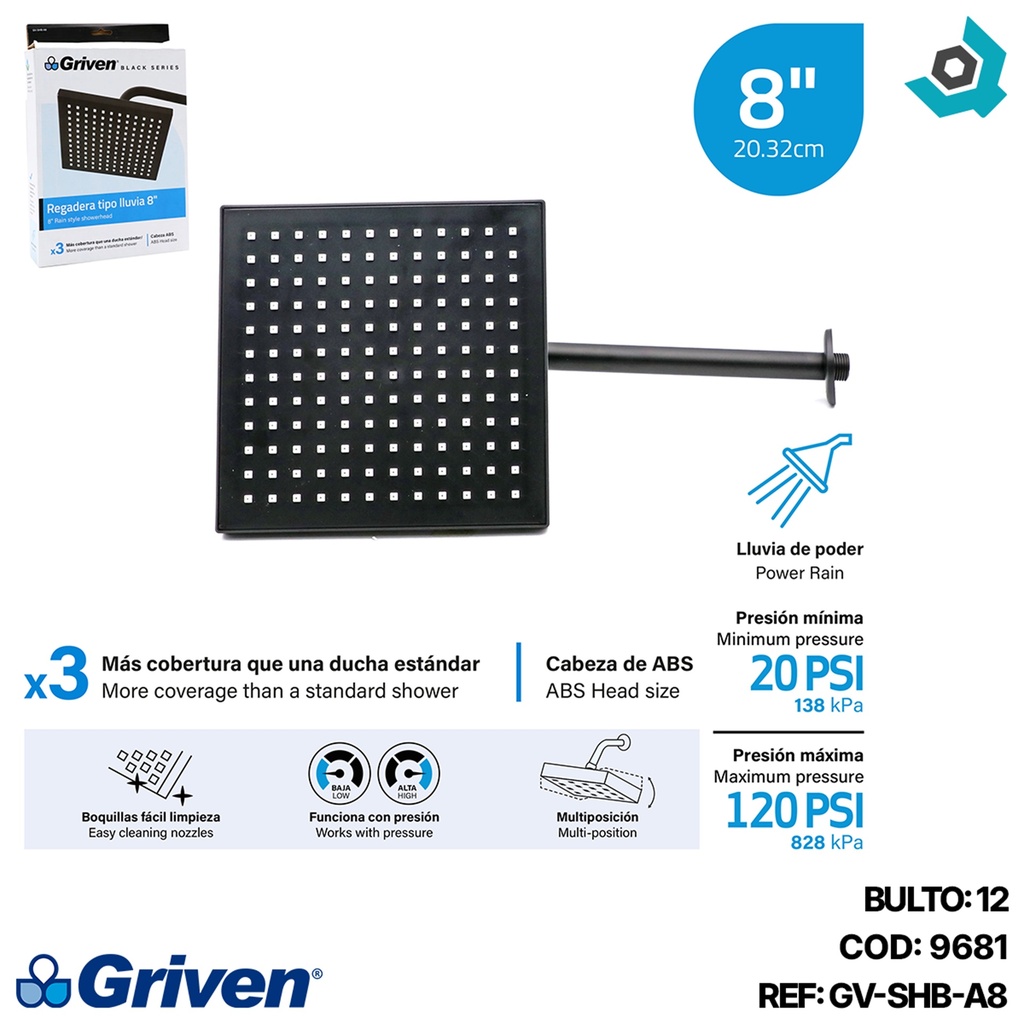 REGADERA PARA BANO 8" CUADRADA NEGRO GRIVEN BLACK