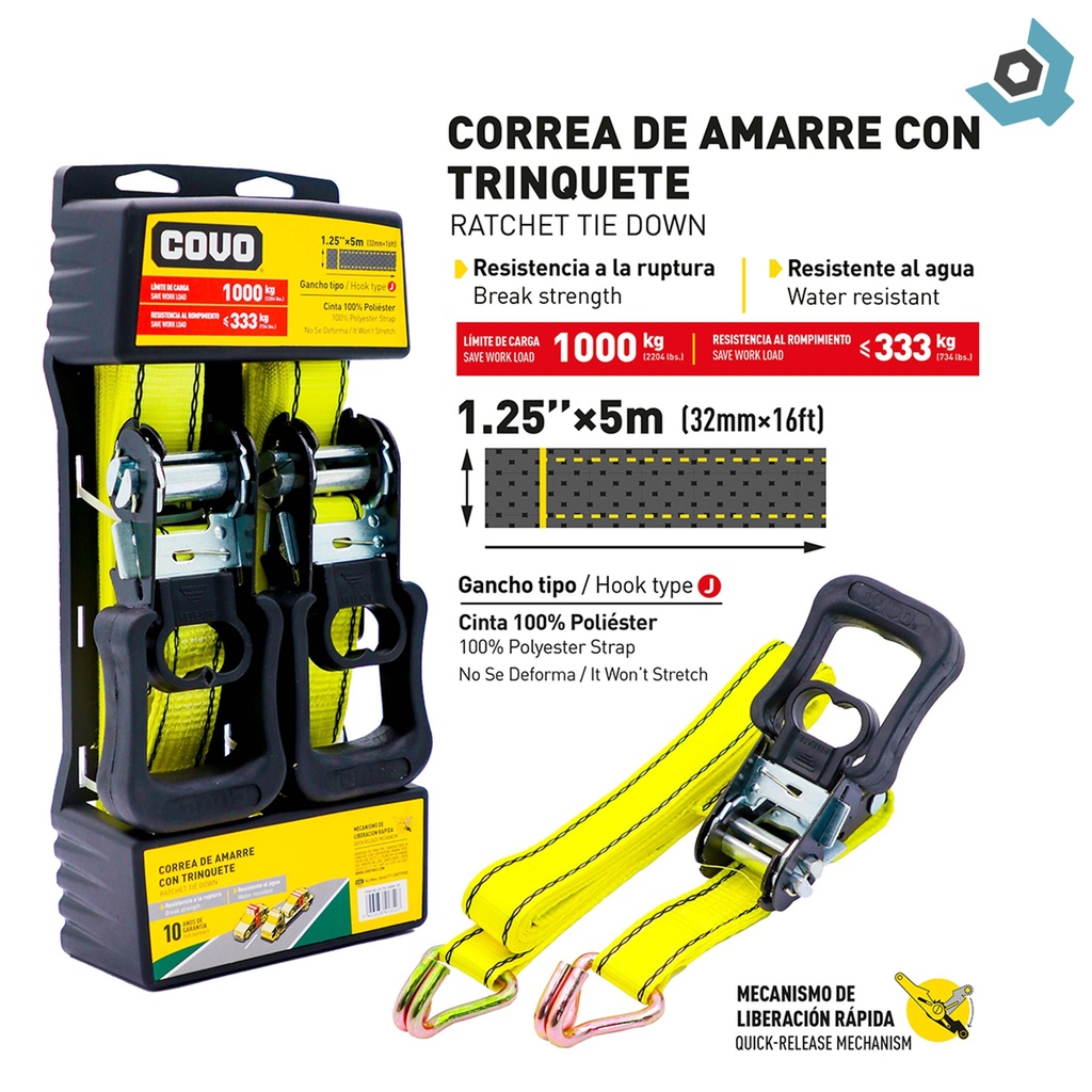 CORREA DE AMARRE CON TRINQUETE 1000KG" X 5M COVO