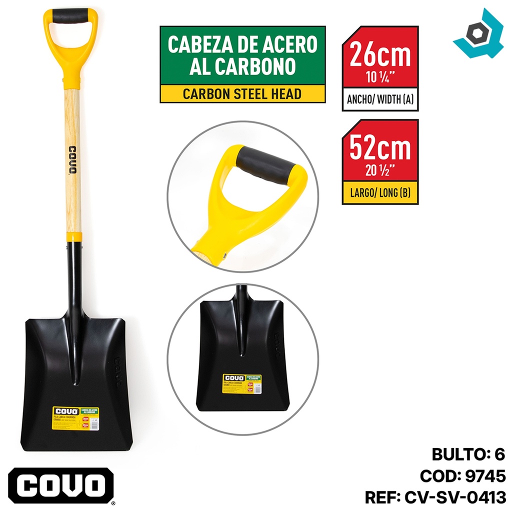 PALA CUADRADA 26CM CABO DE MADERA COVO