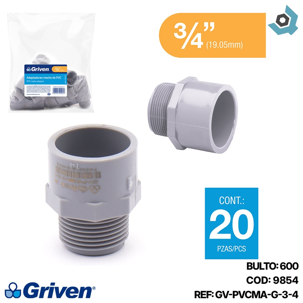 ADAPTADOR PVC 3/4" MACHO GRIS GRIVEN