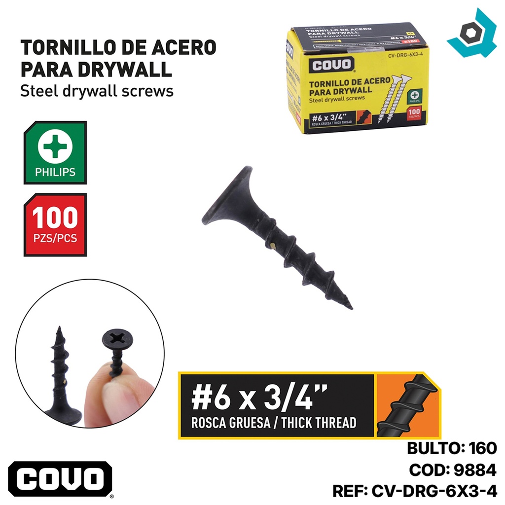 TORNILLO DRYWALL #6 X 3/4" ROSCA GRUESA 100PZA  COVO