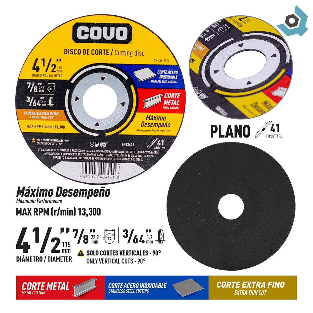 DISCO PARA CORTE EN METAL 4 1/2" EXTRA FINO COVO