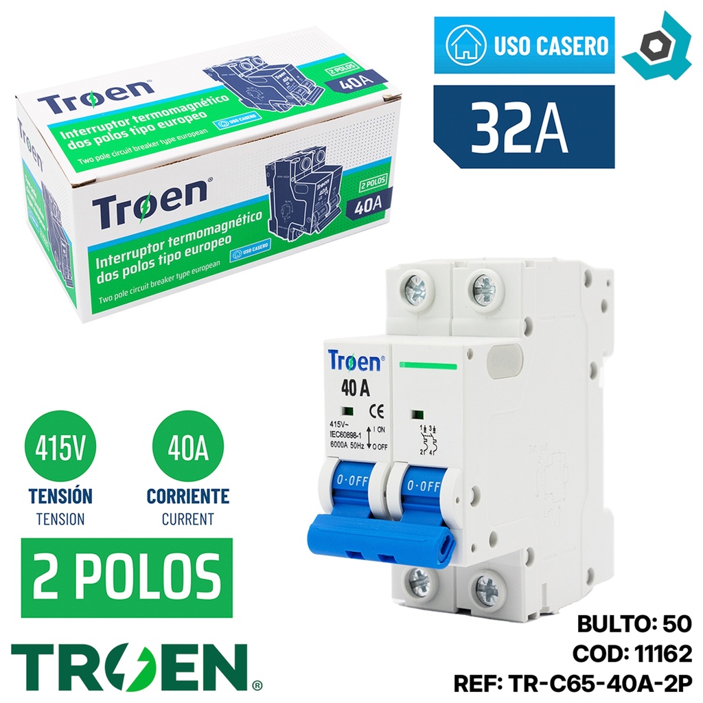 BREAKER TERMOMAGNETICO 40A 2P TIPO EUROPEO TROEN