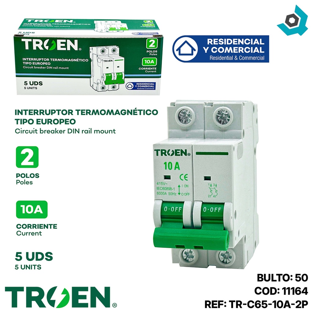 BREAKER TERMOMAGNETICO 10A 2P TIPO EUROPEO TROEN