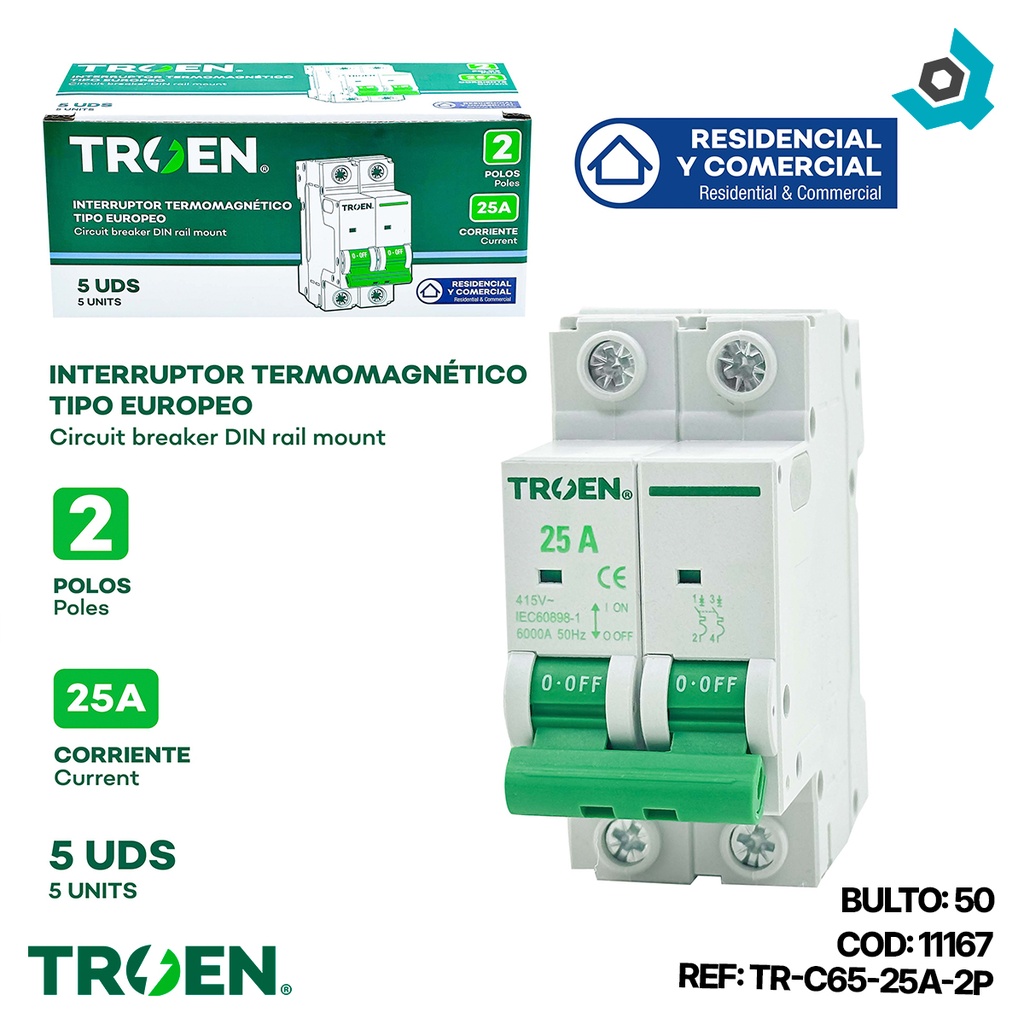 BREAKER TERMOMAGNETICO 25A 2P TIPO EUROPEO TROEN