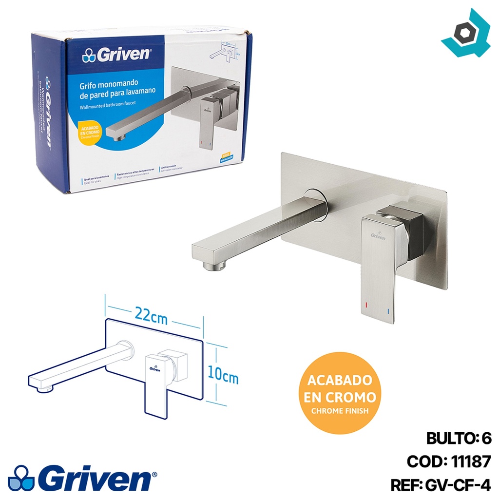 GRIFERIA MONOMANDO PARA LAVAMANOS DE PARED CROMADO GRIVEN