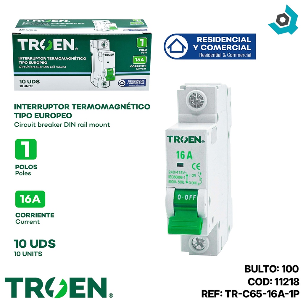 BREAKER TERMOMAGNETICO 16A 1P TIPO EUROPEO TROEN