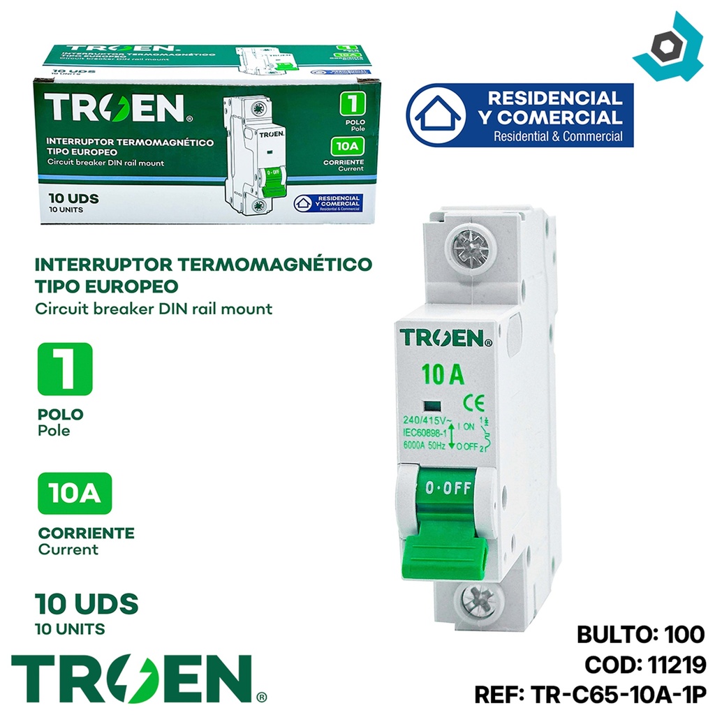 BREAKER TERMOMAGNETICO 10A 1P TIPO EUROPEO TROEN
