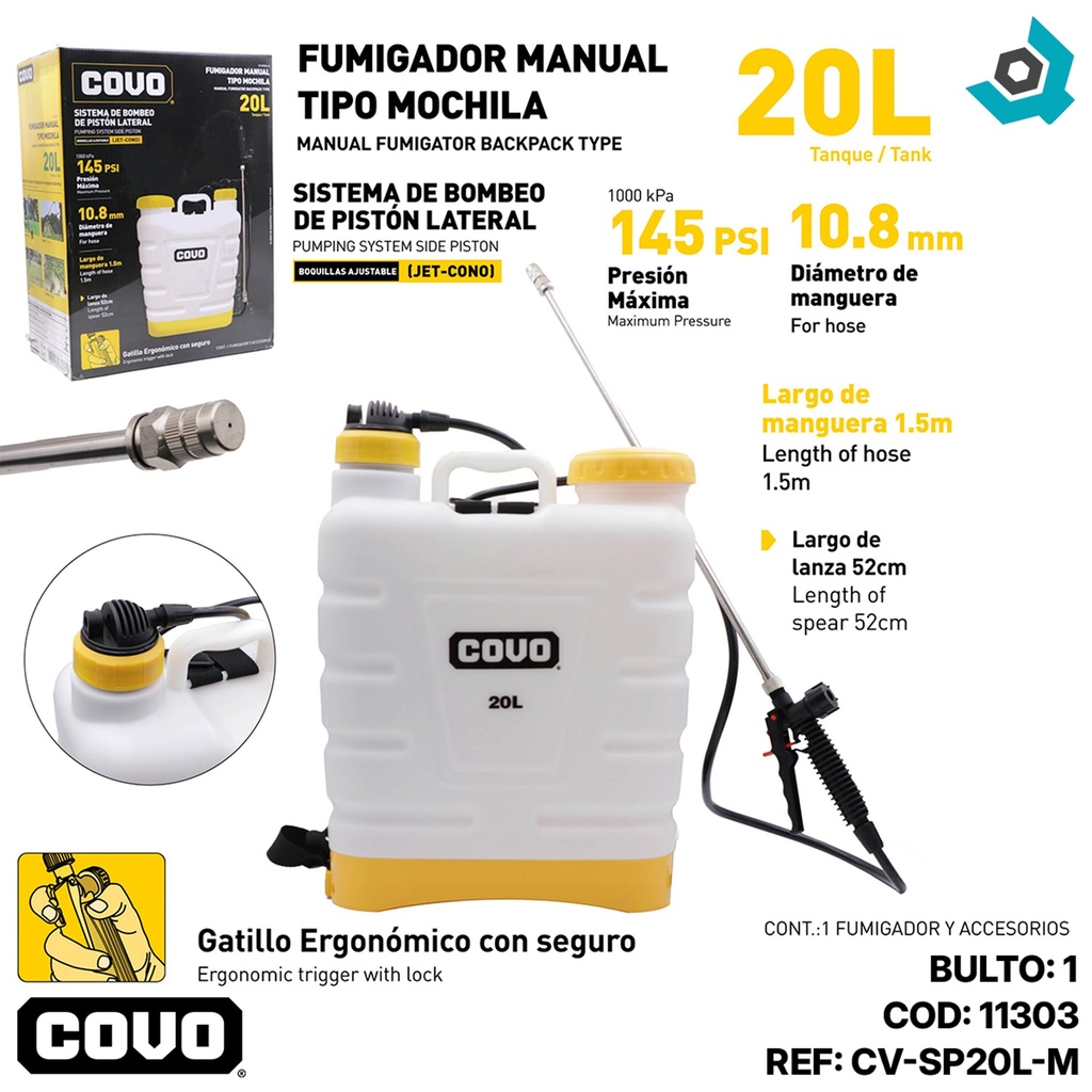 FUMIGADOR MANUAL TIPO MOCHILA 20 LITROS COVO