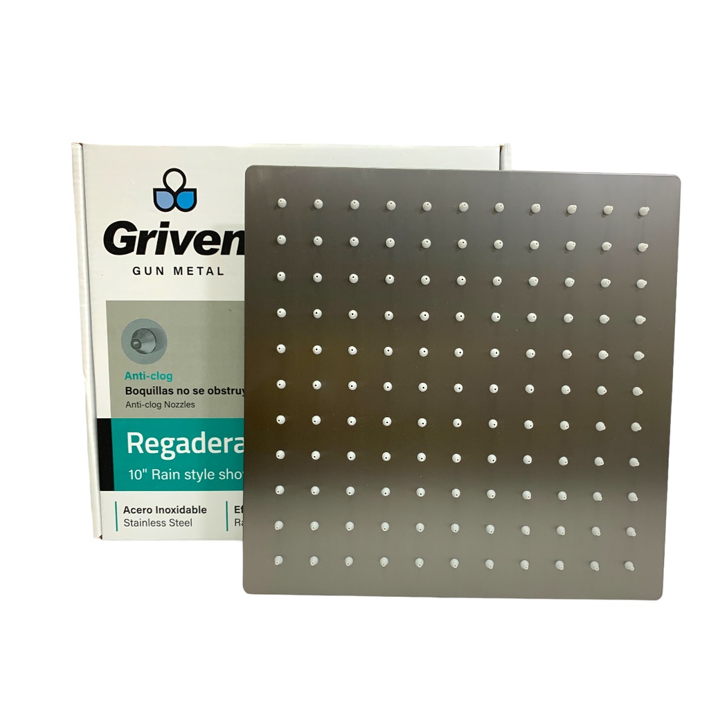 REGADERA PARA DUCHA TIPO LLUVIA CUADRADA 10" GRIS METALICO GRIVEN GUN METAL