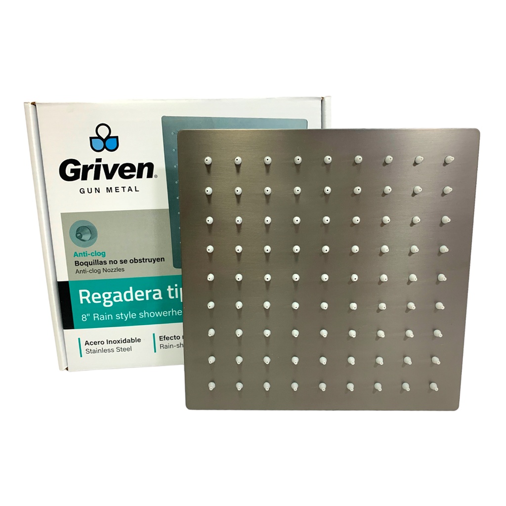 REGADERA PARA DUCHA TIPO LLUVIA CUADRADA 8" GRIS METALICO GRIVEN GUN METAL