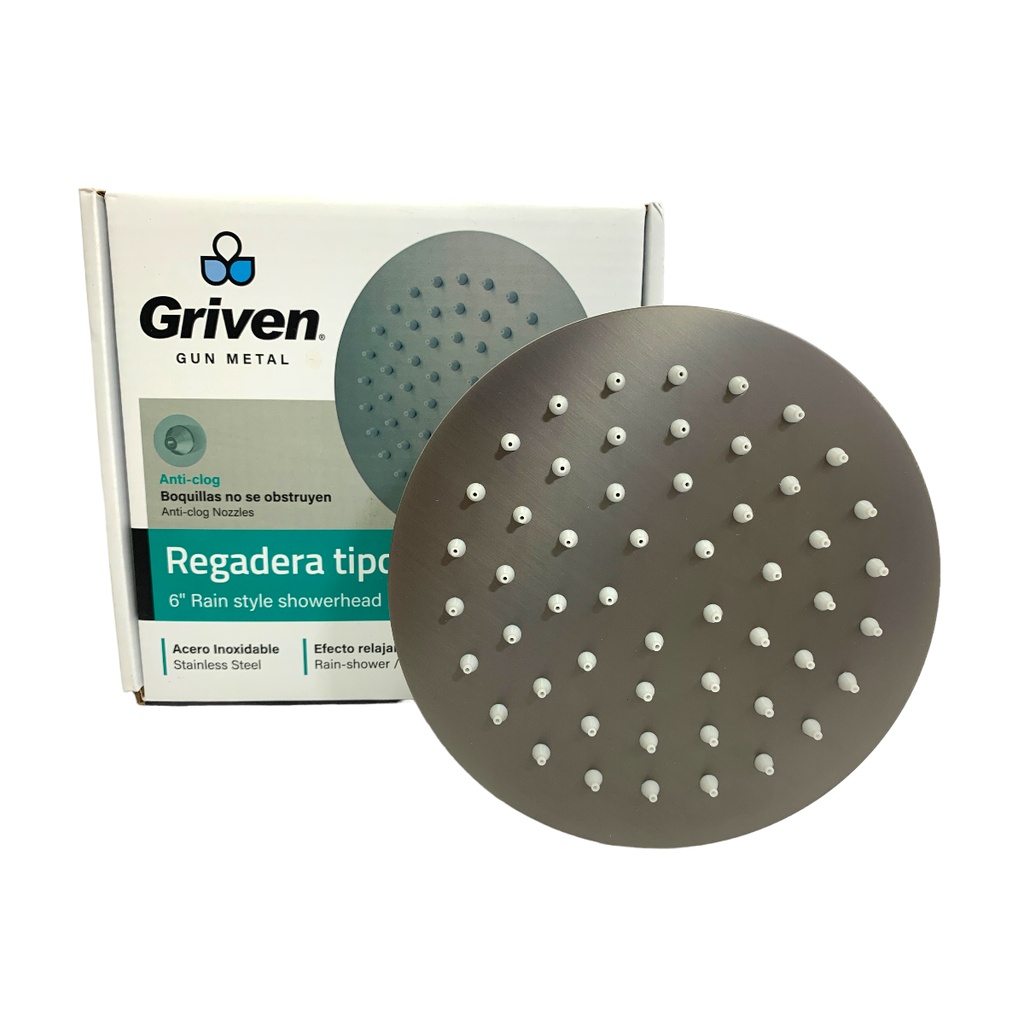 REGADERA PARA DUCHA TIPO LLUVIA REDONDA 6" GRIS METALICO GRIVEN GUN METAL