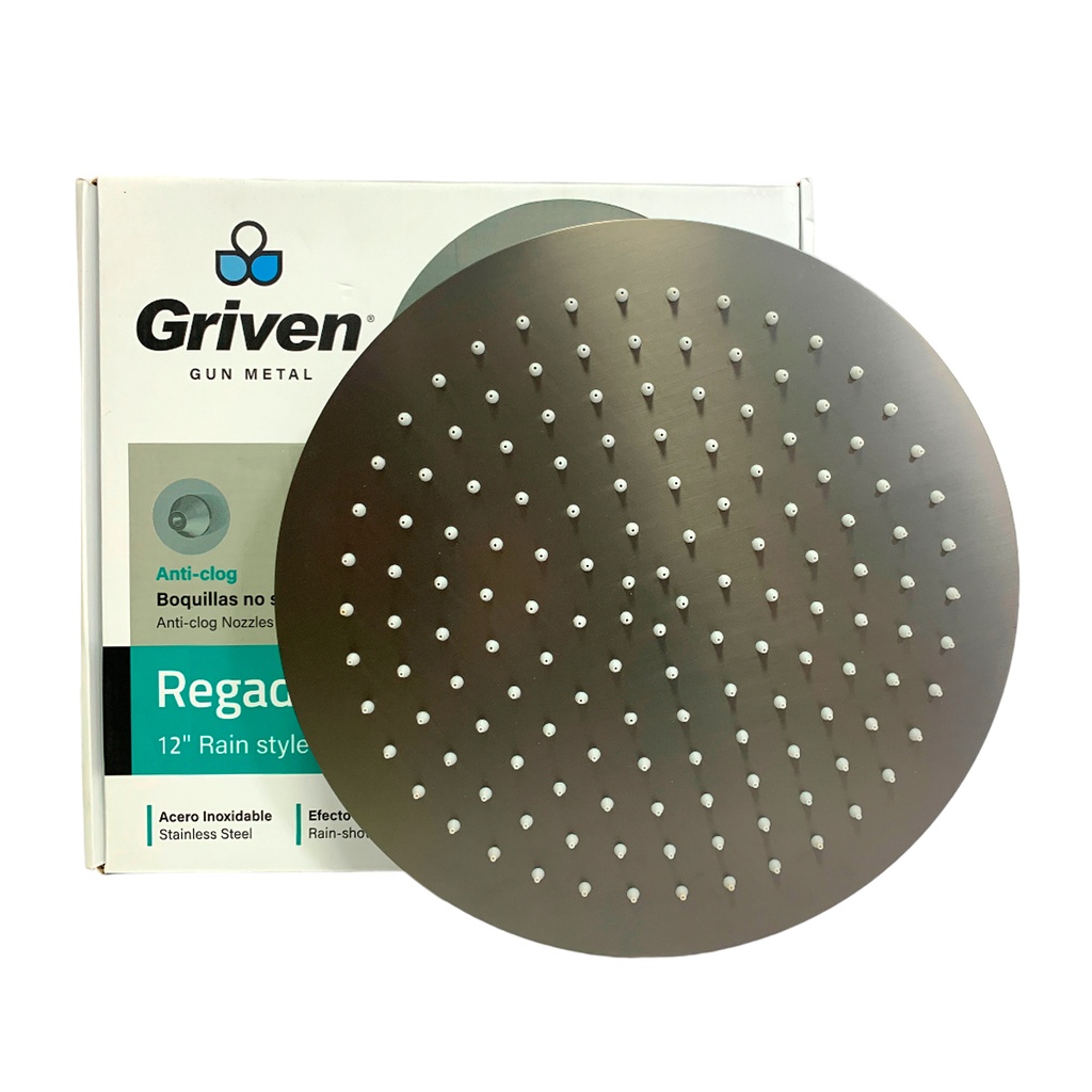 REGADERA PARA DUCHA TIPO LLUVIA REDONDA 12" GRIS METALICO GRIVEN GUN METAL