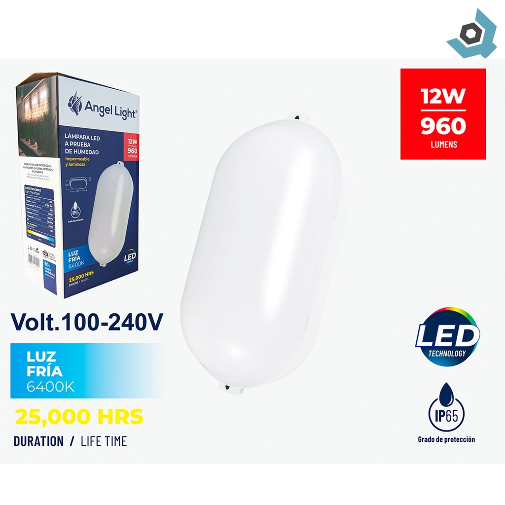 LAMPARA LED A PRUEBA DE HUMEDA 12W BLANCO LUZ FRIA 6400K ANGEL LIGHT