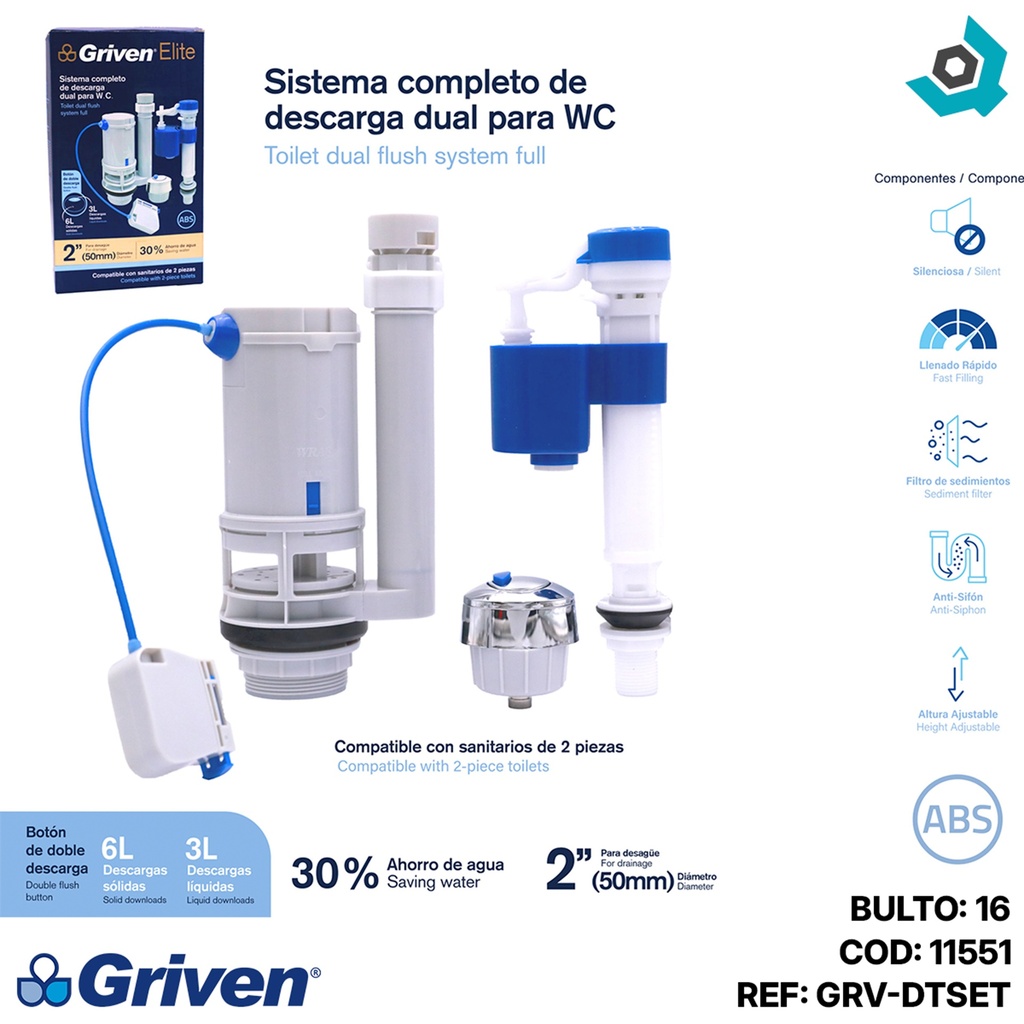 HERRAJE PARA W.C CON DESCARGA DUAL 2" GRIVEN ELITE